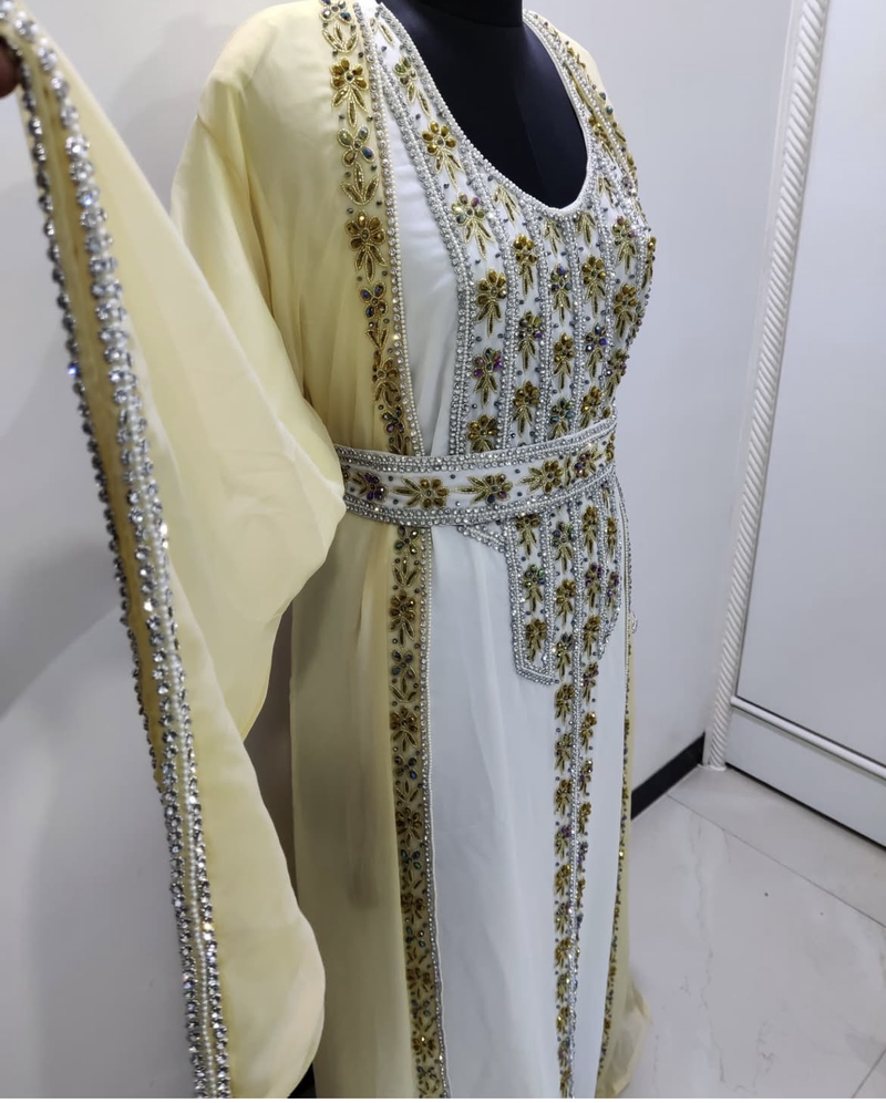 Royal Golden Embroidered Georgette Stitched Kaftan with Handwork Detailing Moroccan Style Dress