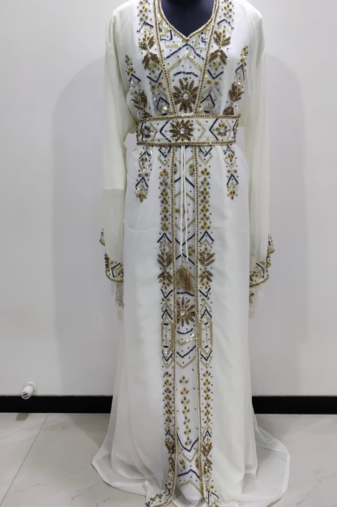White & Gold Hand Embroidered Designer Stitched Kaftan Moroccan Style Georgette Gown with Crystal Detailing