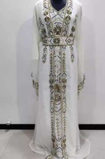 White & Gold Hand Embroidered Designer Stitched Kaftan Moroccan Style Georgette Gown with Crystal Detailing