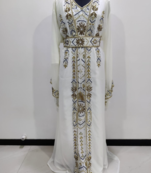 White & Gold Hand Embroidered Designer Stitched Kaftan Moroccan Style Georgette Gown with Crystal Detailing