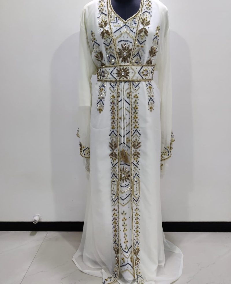 White & Gold Hand Embroidered Designer Stitched Kaftan Moroccan Style Georgette Gown with Crystal Detailing