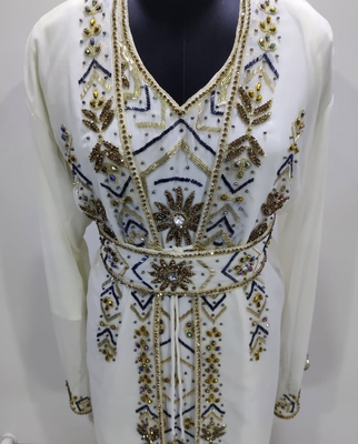 White & Gold Hand Embroidered Designer Stitched Kaftan Moroccan Style Georgette Gown with Crystal Detailing 2