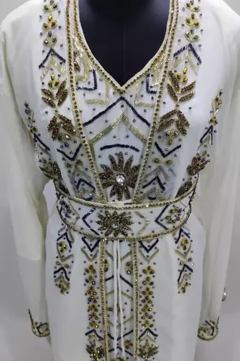 White & Gold Hand Embroidered Designer Stitched Kaftan Moroccan Style Georgette Gown with Crystal Detailing