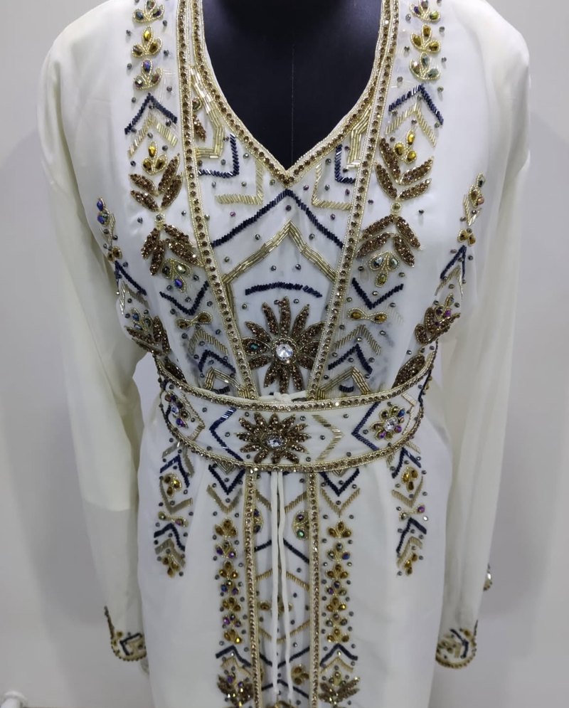 White & Gold Hand Embroidered Designer Stitched Kaftan Moroccan Style Georgette Gown with Crystal Detailing