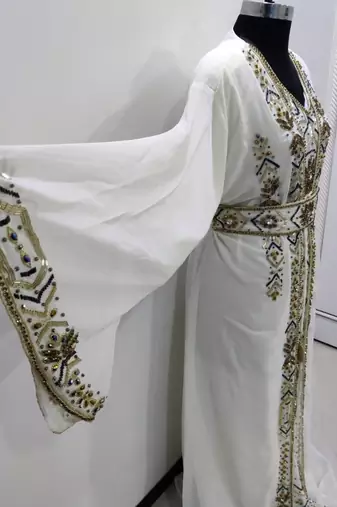 White & Gold Hand Embroidered Designer Stitched Kaftan Moroccan Style Georgette Gown with Crystal Detailing