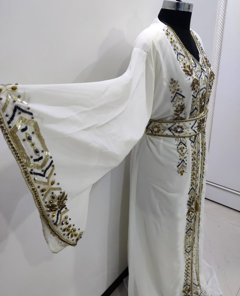 White & Gold Hand Embroidered Designer Stitched Kaftan Moroccan Style Georgette Gown with Crystal Detailing