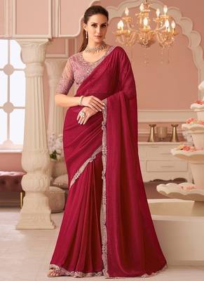 Maroon georgette sequince & cut work border heavy designer blouse party wear saree 1