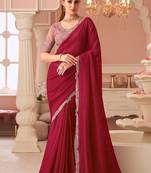 Maroon georgette sequince & cut work border heavy designer blouse party wear saree