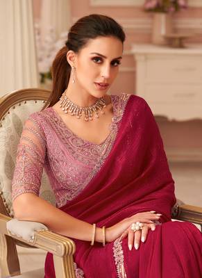 Maroon georgette sequince & cut work border heavy designer blouse party wear saree 2