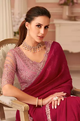 Maroon georgette sequince & cut work border heavy designer blouse party wear saree