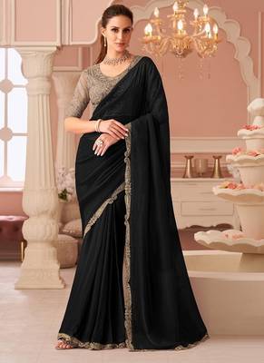 Black georgette sequince & cut work border heavy designer blouse party wear saree 1