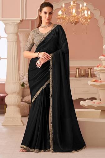 Black georgette sequince & cut work border heavy designer blouse party wear saree