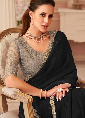 Black georgette sequince & cut work border heavy designer blouse party wear saree 2