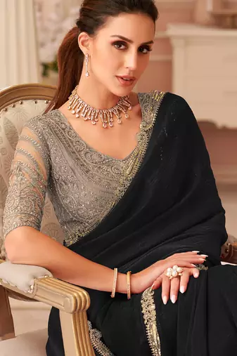 Black georgette sequince & cut work border heavy designer blouse party wear saree