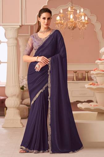 Dark purple georgette sequince & cut work border heavy designer blouse party wear saree