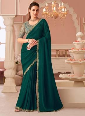 Dark green georgette sequince & cut work border heavy designer blouse party wear saree 1