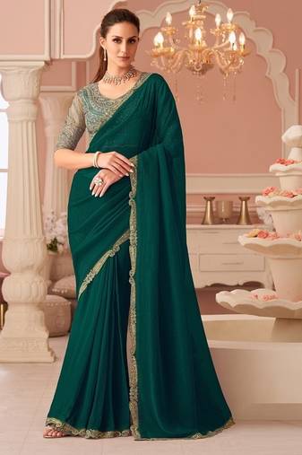 Dark green georgette sequince & cut work border heavy designer blouse party wear saree