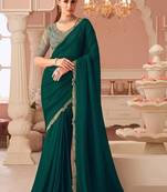 Dark green georgette sequince & cut work border heavy designer blouse party wear saree