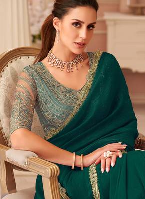 Dark green georgette sequince & cut work border heavy designer blouse party wear saree 2