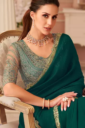 Dark green georgette sequince & cut work border heavy designer blouse party wear saree