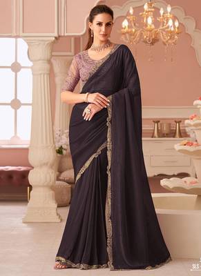 Dark burgundy georgette sequince & cut work border heavy designer blouse party wear saree 1