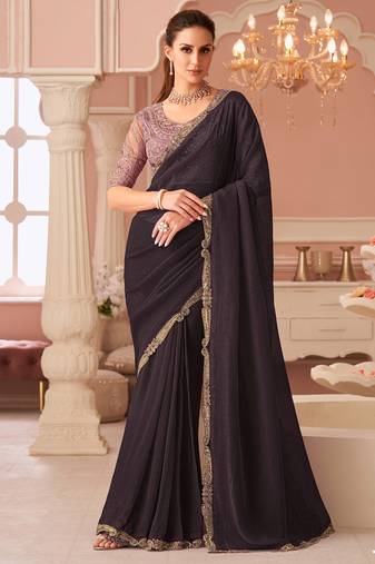 Dark burgundy georgette sequince & cut work border heavy designer blouse party wear saree