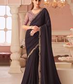 Dark burgundy georgette sequince & cut work border heavy designer blouse party wear saree
