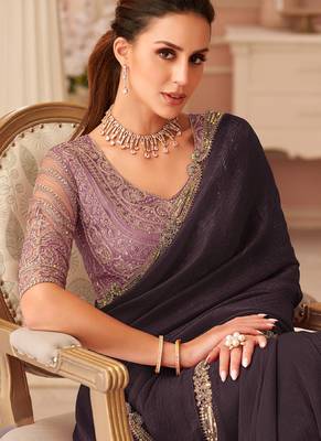 Dark burgundy georgette sequince & cut work border heavy designer blouse party wear saree 2