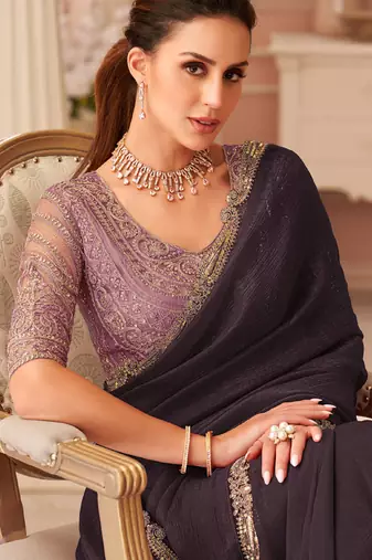 Dark burgundy georgette sequince & cut work border heavy designer blouse party wear saree