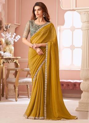 Mustard georgette resham & cut work border heavy designer blouse party wear saree 1