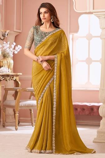 Mustard georgette resham & cut work border heavy designer blouse party wear saree