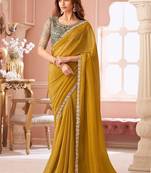 Mustard georgette resham & cut work border heavy designer blouse party wear saree