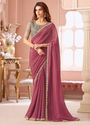 Onion pink georgette resham & cut work border heavy designer blouse party wear saree 1