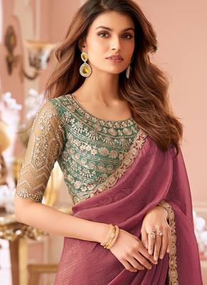 Onion pink georgette resham & cut work border heavy designer blouse party wear saree 2