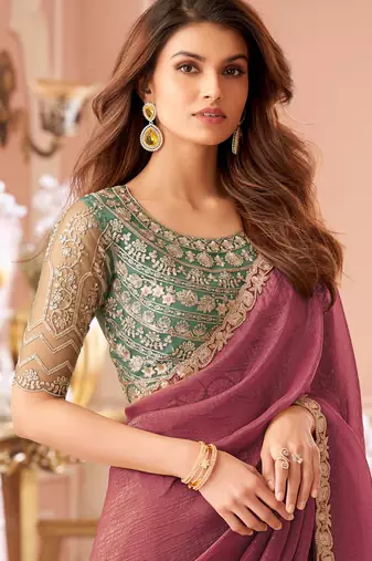Onion pink georgette resham & cut work border heavy designer blouse party wear saree