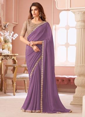 Lavender georgette resham & cut work border heavy designer blouse party wear saree 1