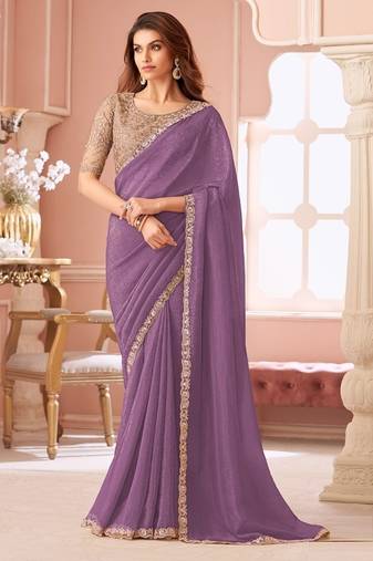 Lavender georgette resham & cut work border heavy designer blouse party wear saree
