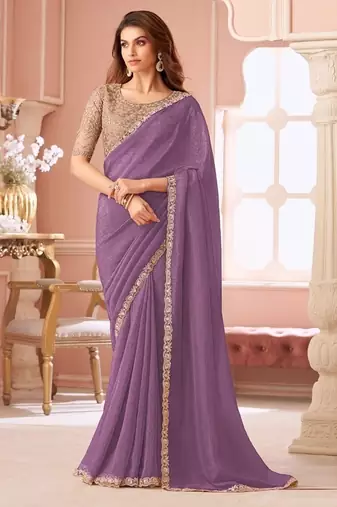 Lavender georgette resham & cut work border heavy designer blouse party wear saree