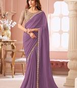 Lavender georgette resham & cut work border heavy designer blouse party wear saree