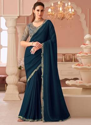 Peacock  blue georgette sequince & cut work border heavy designer blouse party wear saree 1