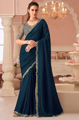 Peacock  blue georgette sequince & cut work border heavy designer blouse party wear saree