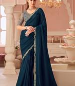 Peacock  blue georgette sequince & cut work border heavy designer blouse party wear saree