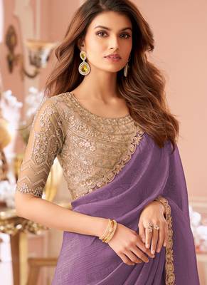Lavender georgette resham & cut work border heavy designer blouse party wear saree 2