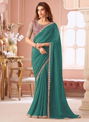 Sea green georgette resham & cut work border heavy designer blouse party wear saree 1