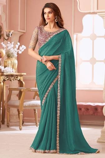 Sea green georgette resham & cut work border heavy designer blouse party wear saree