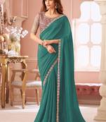 Sea green georgette resham & cut work border heavy designer blouse party wear saree