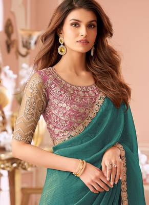 Sea green georgette resham & cut work border heavy designer blouse party wear saree 2