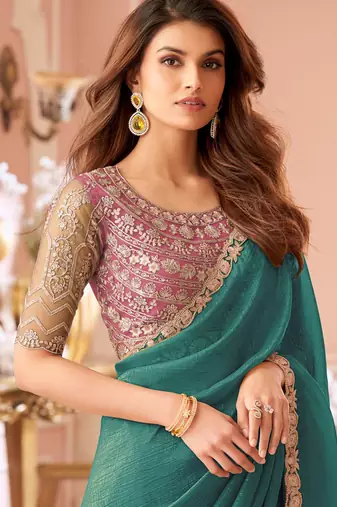 Sea green georgette resham & cut work border heavy designer blouse party wear saree