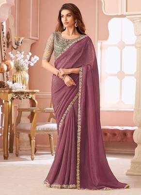 Plum georgette resham & cut work border heavy designer blouse party wear saree 1
