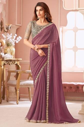 Plum georgette resham & cut work border heavy designer blouse party wear saree